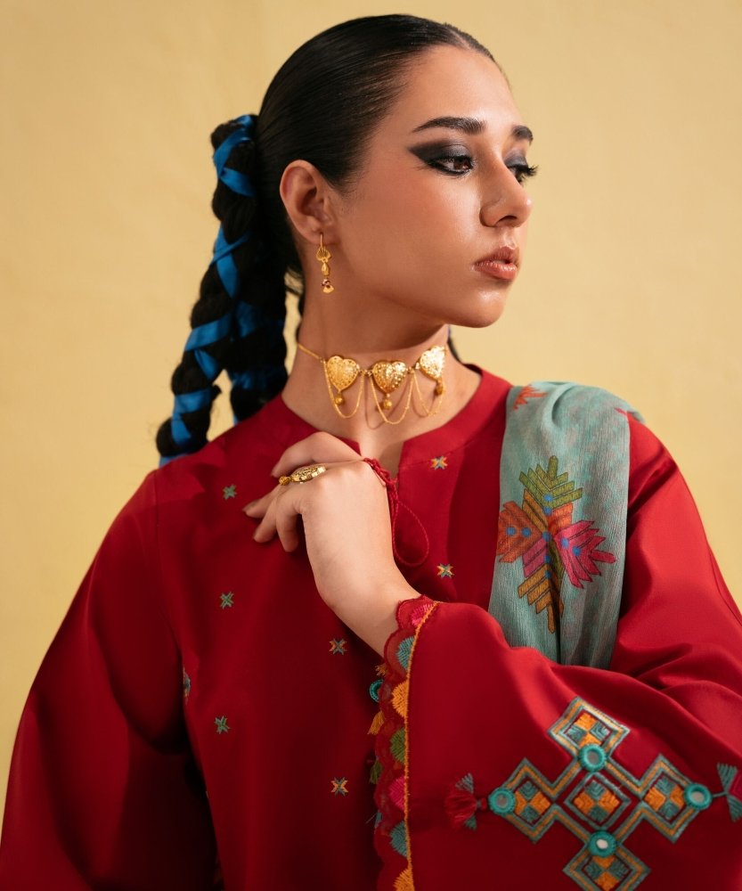 Dhanak - 3PC Embroidered Shirt with Digital Printed Wool Shawl - 3437 - Sapphire Studios