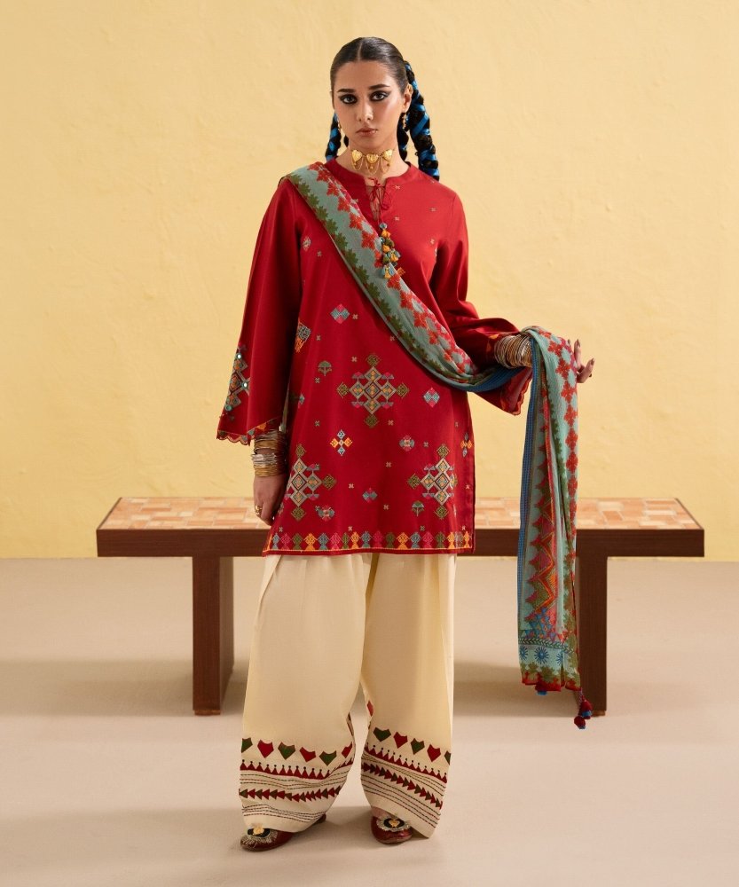Dhanak - 3PC Embroidered Shirt with Digital Printed Wool Shawl - 3437 - Sapphire Studios