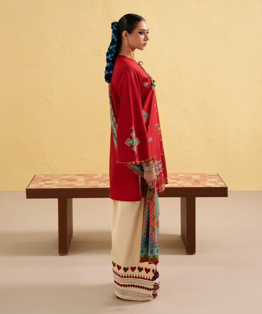 Dhanak - 3PC Embroidered Shirt with Digital Printed Wool Shawl - 3437 - Sapphire Studios