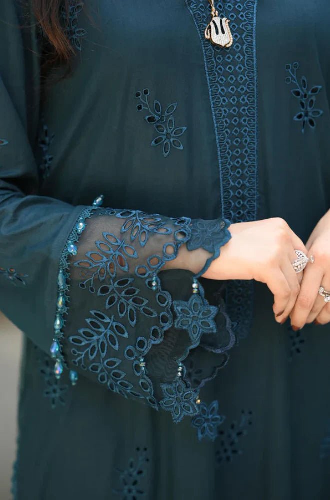 Dhanak - 3PC Embroidered Shirt with Digital Printed Wool Shawl - 3438 - Sapphire Studios