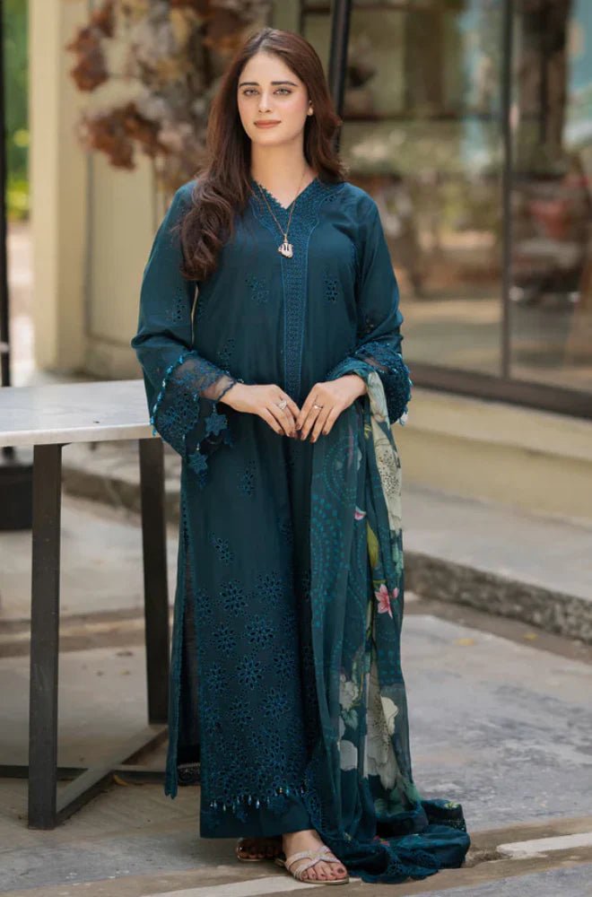 Dhanak - 3PC Embroidered Shirt with Digital Printed Wool Shawl - 3438 - Sapphire Studios