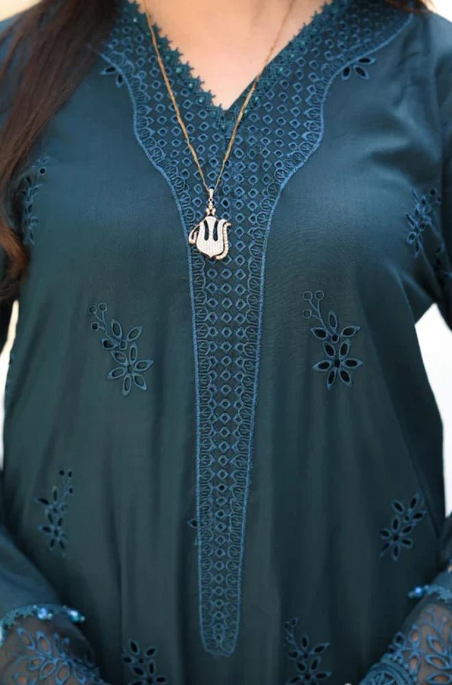 Dhanak - 3PC Embroidered Shirt with Digital Printed Wool Shawl - 3438 - Sapphire Studios