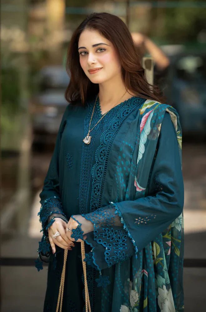 Dhanak - 3PC Embroidered Shirt with Digital Printed Wool Shawl - 3438 - Sapphire Studios