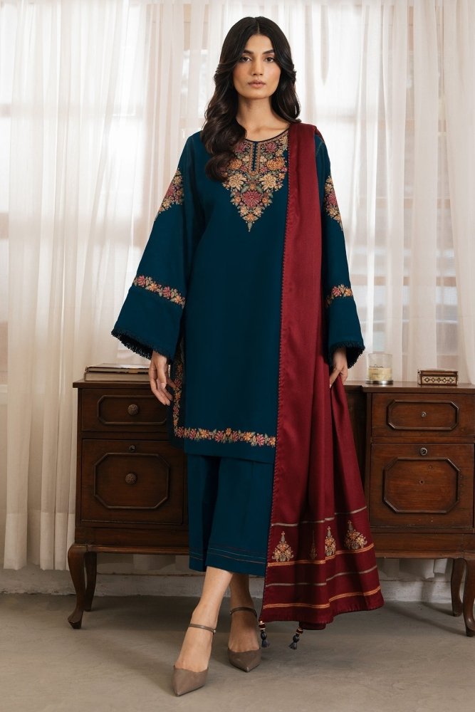 Dhanak - 3PC Embroidered Shirt with Digital Printed Wool Shawl - 3495 - Sapphire Studios