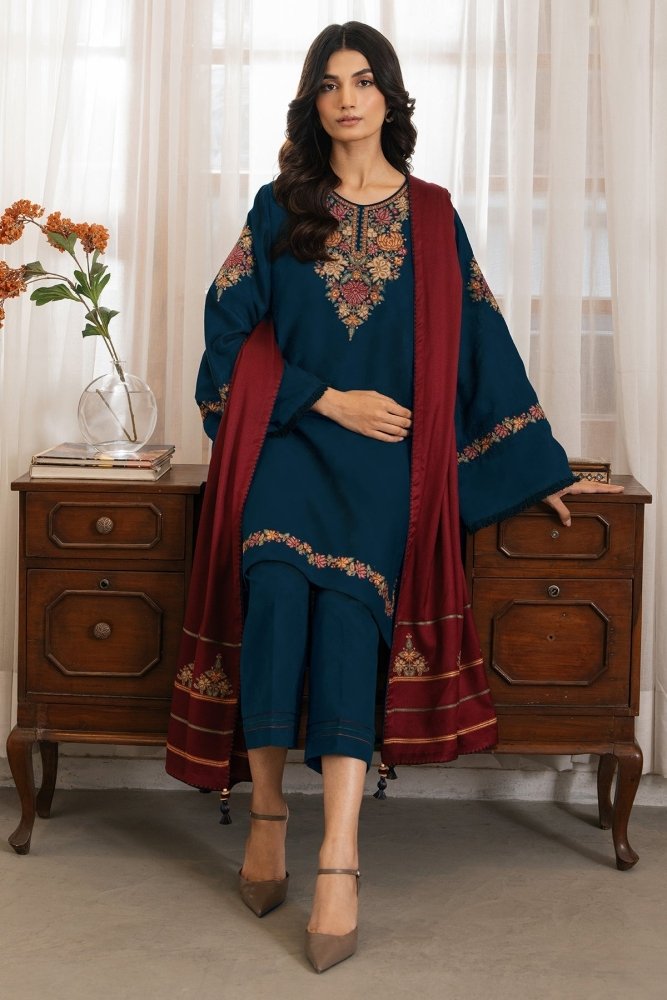 Dhanak - 3PC Embroidered Shirt with Digital Printed Wool Shawl - 3495 - Sapphire Studios