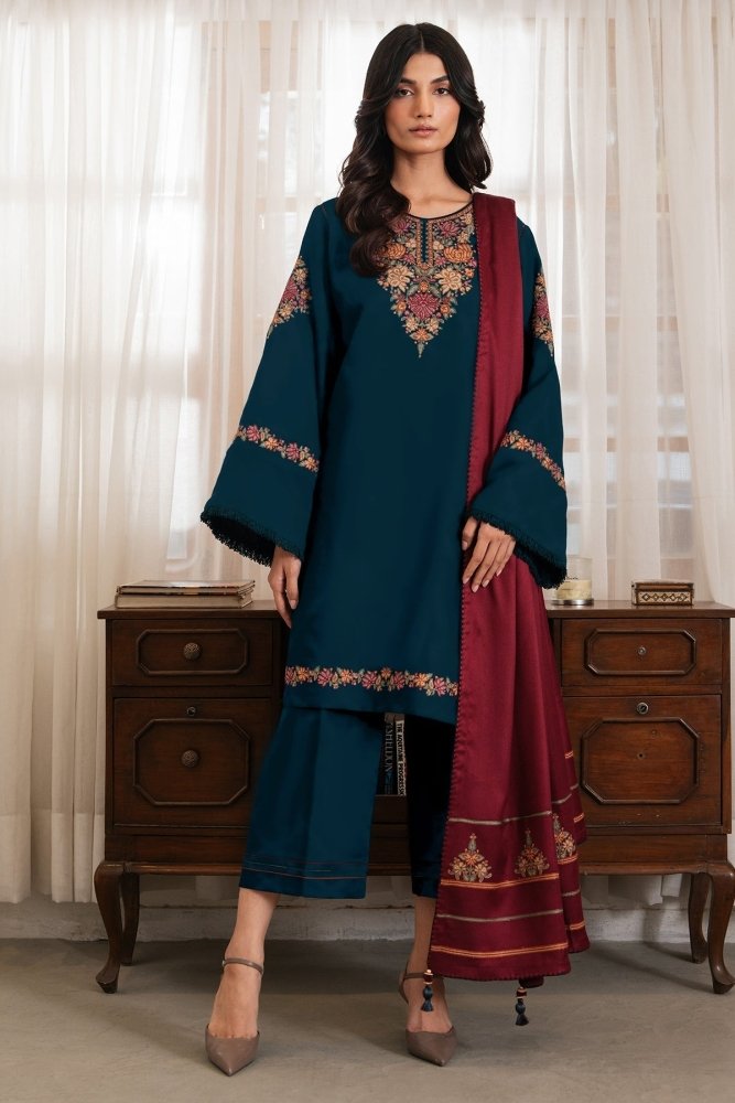Dhanak - 3PC Embroidered Shirt with Digital Printed Wool Shawl - 3495 - Sapphire Studios