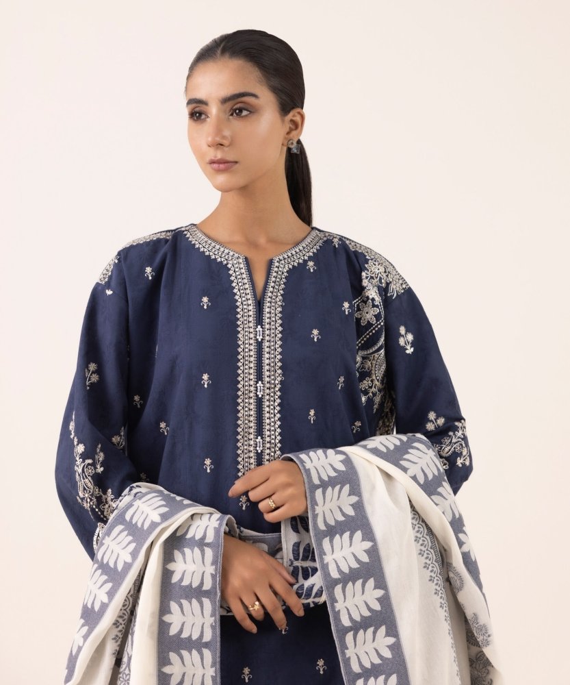 Dhanak - 3PC Embroidered Shirt with Digital Printed Wool Shawl - 3511 - Sapphire Studios