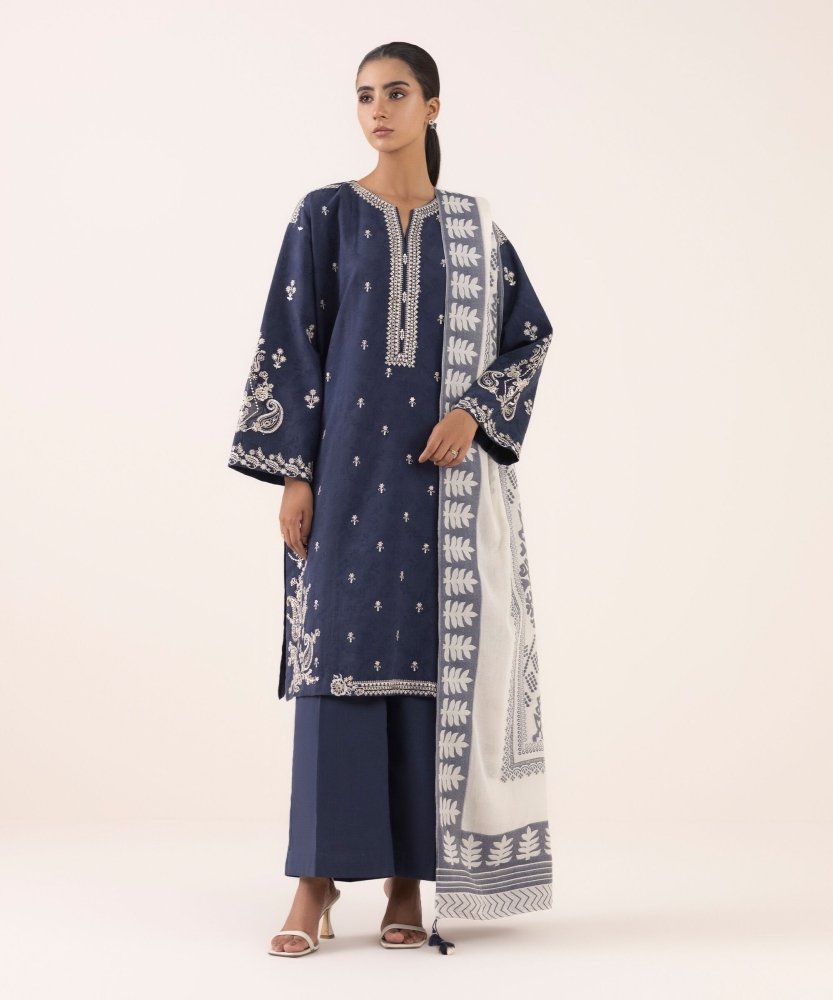 Dhanak - 3PC Embroidered Shirt with Digital Printed Wool Shawl - 3511 - Sapphire Studios