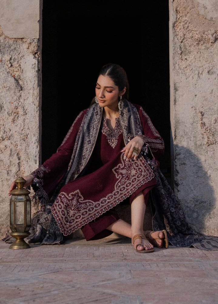 Dhanak - 3PC Embroidered Shirt with Digital Printed Wool Shawl - 3537 - Sapphire Studios