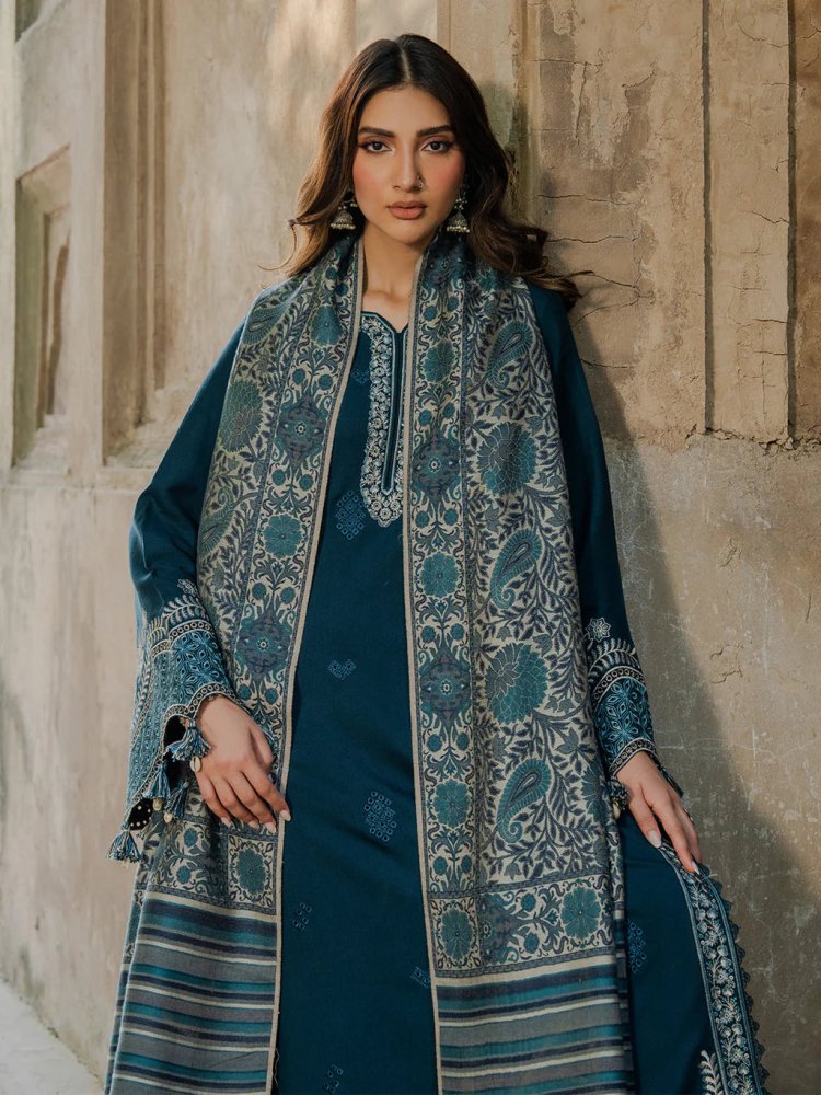 Dhanak - 3PC Embroidered Shirt with Digital Printed Wool Shawl - 3544 - Sapphire Studios