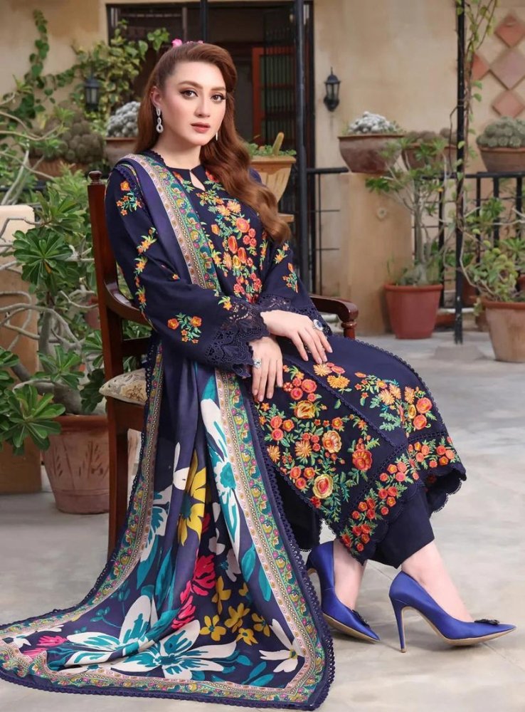 Dhanak - 3PC Embroidered Shirt with Digital Printed Wool Shawl - 3545 - Sapphire Studios