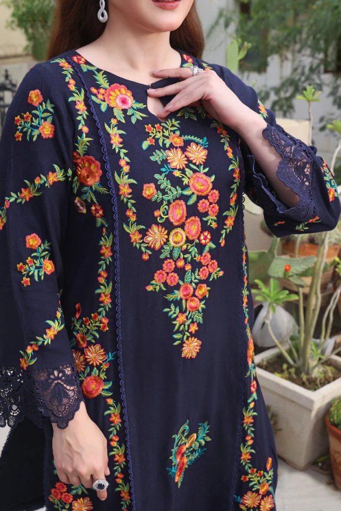 Dhanak - 3PC Embroidered Shirt with Digital Printed Wool Shawl - 3545 - Sapphire Studios