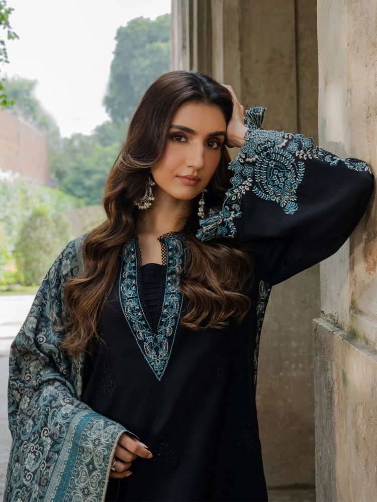 Dhanak - 3PC Embroidered Shirt with Digital Printed Wool Shawl - 3552 - Sapphire Studios