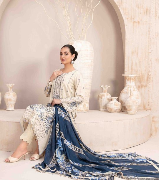 Dhanak - 3PC Embroidered Shirt with Digital Printed Wool Shawl - 438 - Sapphire Studios