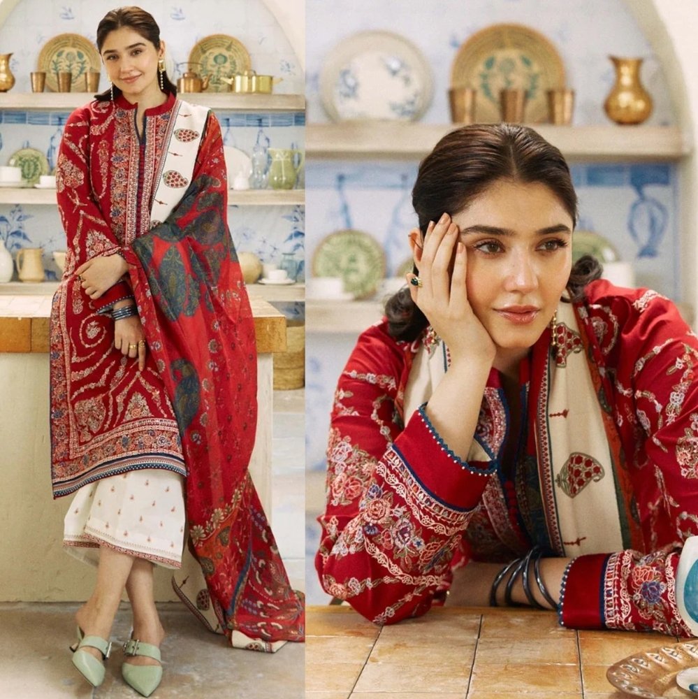 Dhanak 3PC Embroidered Shirt With Digital printed wool shawl - 659 - Sapphire Studios