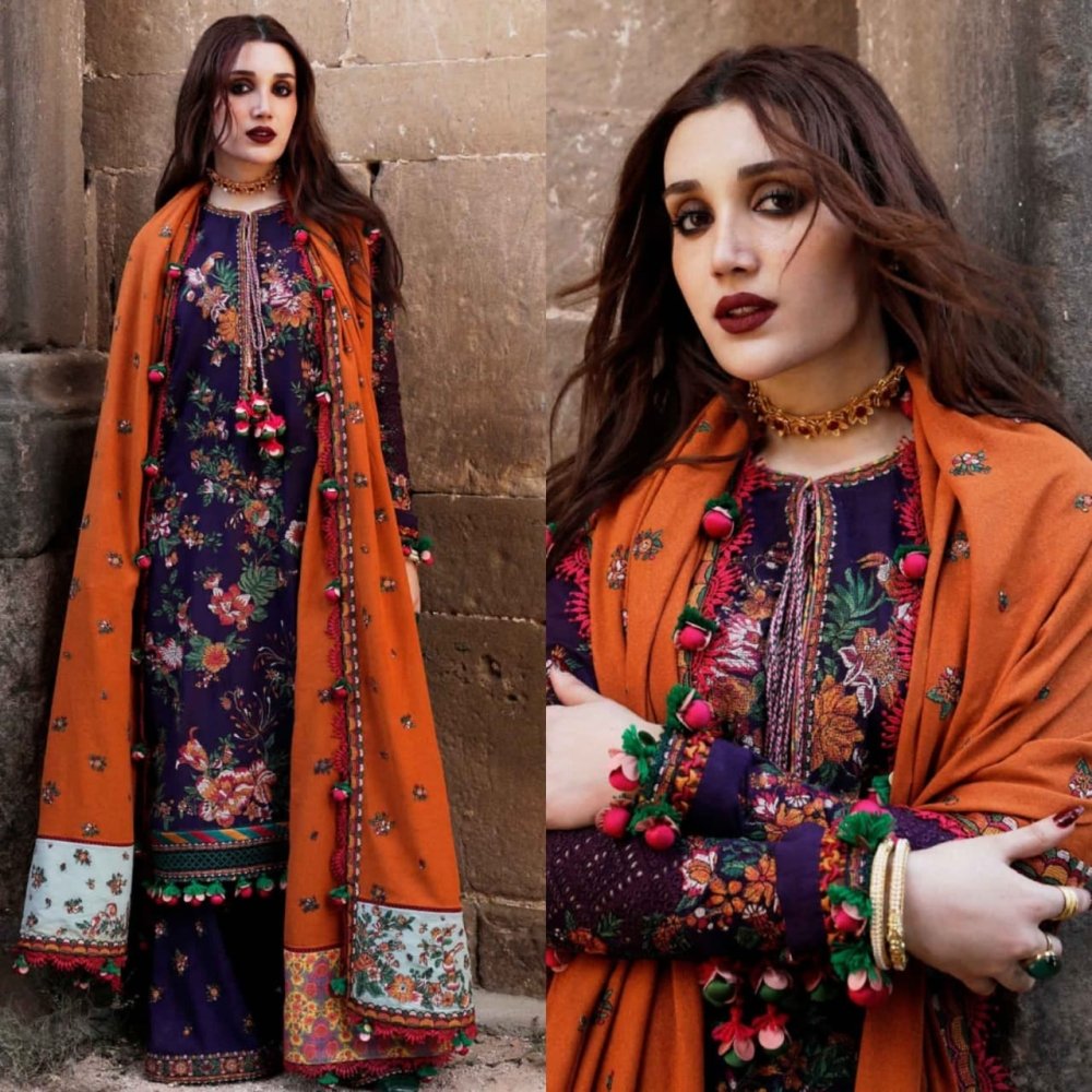 Dhanak 3PC Embroidered Shirt with Embroidered Dhanak Shawl - 1304 - Sapphire Studios
