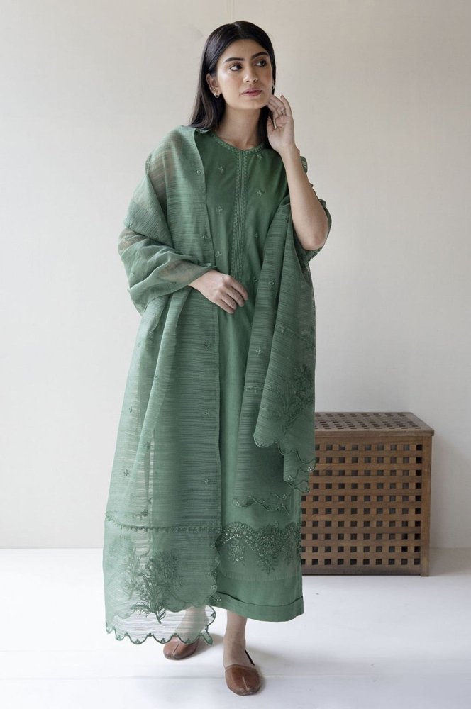 Dhanak - 3PC Embroidered Shirt With Organza Embroidered Dupatta - 140 - Sapphire Studios