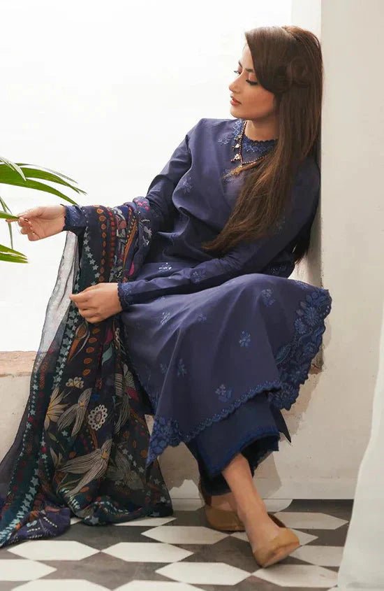 DHANAK 3PC EMBROIDERED SHIRT WITH PRINTED WOOL SHAWL - 666 - Sapphire Studios