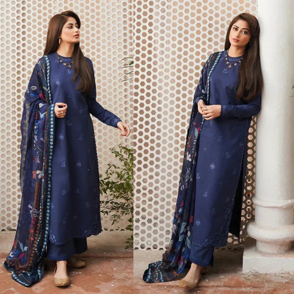 DHANAK 3PC EMBROIDERED SHIRT WITH PRINTED WOOL SHAWL - 666 - Sapphire Studios