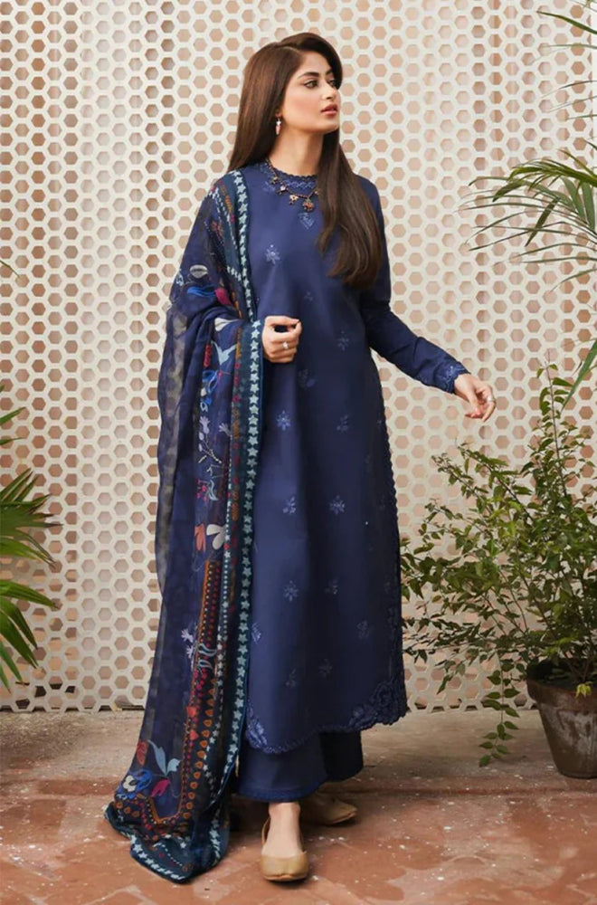 DHANAK 3PC EMBROIDERED SHIRT WITH PRINTED WOOL SHAWL - 666 - Sapphire Studios
