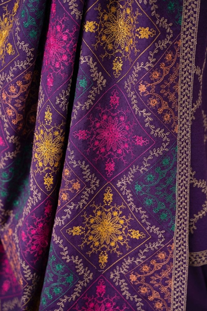 DHANAK 3PC EMBROIDERED WITH DHANAK EMBROIDERED SHAWL - 102 - Sapphire Studios