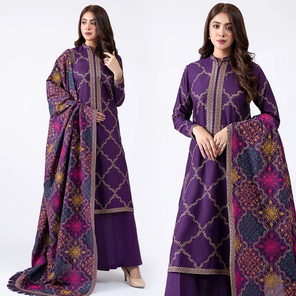 DHANAK 3PC EMBROIDERED WITH DHANAK EMBROIDERED SHAWL - 102 - Sapphire Studios