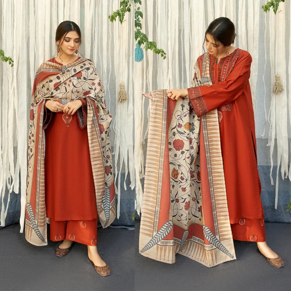 Dhanak 3PC Embroidered With Digital Printed Shawl - 651 - Sapphire Studios