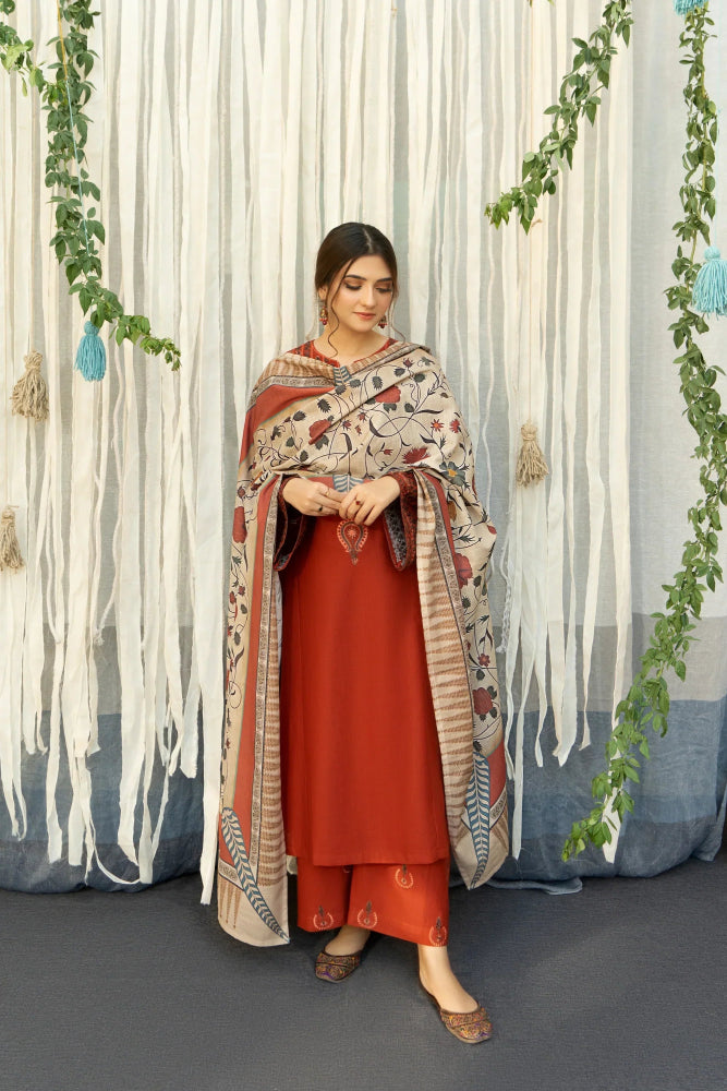 Dhanak 3PC Embroidered With Digital Printed Shawl - 651 - Sapphire Studios