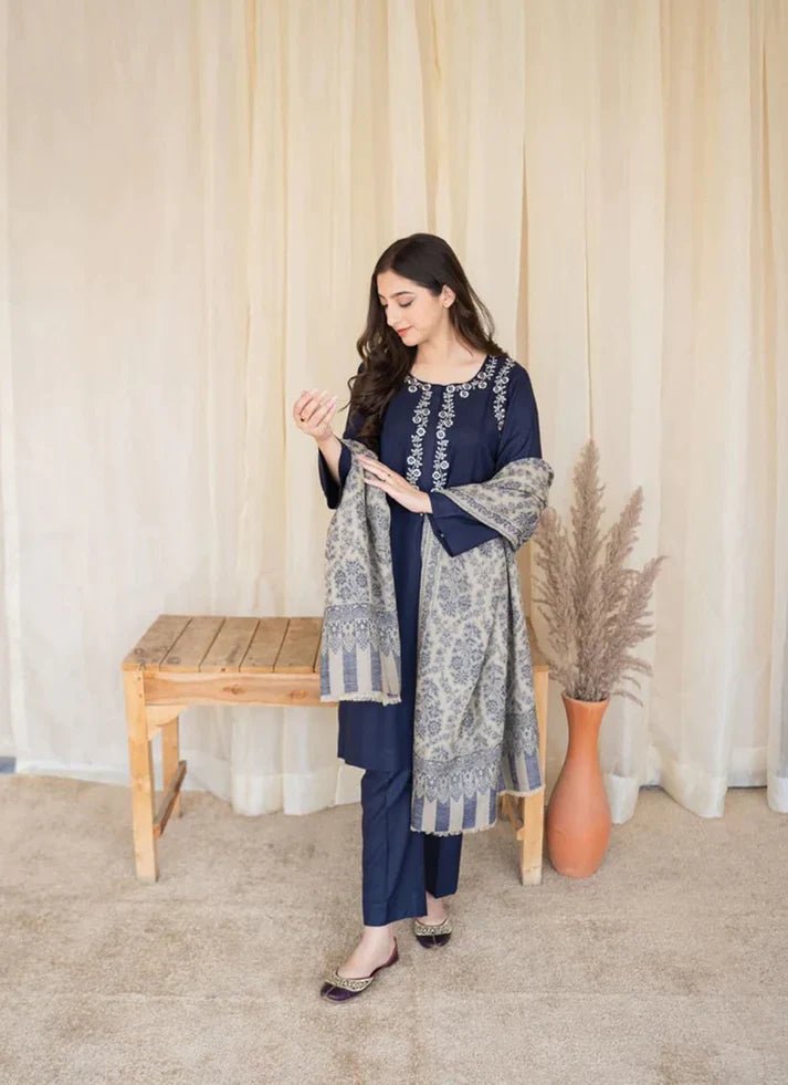 Dhanak 3PC Embroidered With Digital Printed Wool Shawl - 629 - Sapphire Studios
