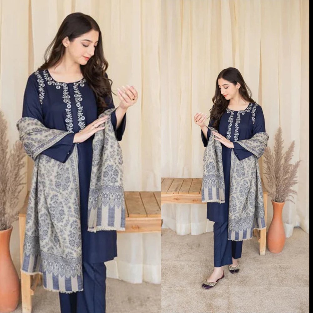 Dhanak 3PC Embroidered With Digital Printed Wool Shawl - 629 - Sapphire Studios