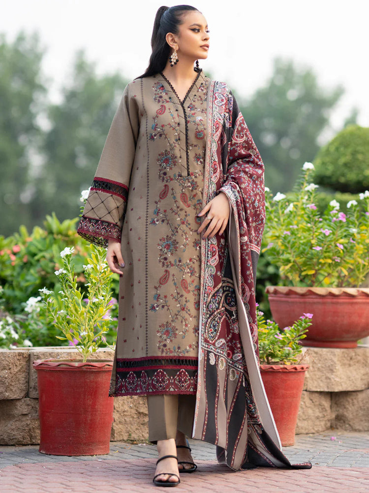 Dhanak 3PC Embroidered With Printed Wool Shawl - 254 - Sapphire Studios