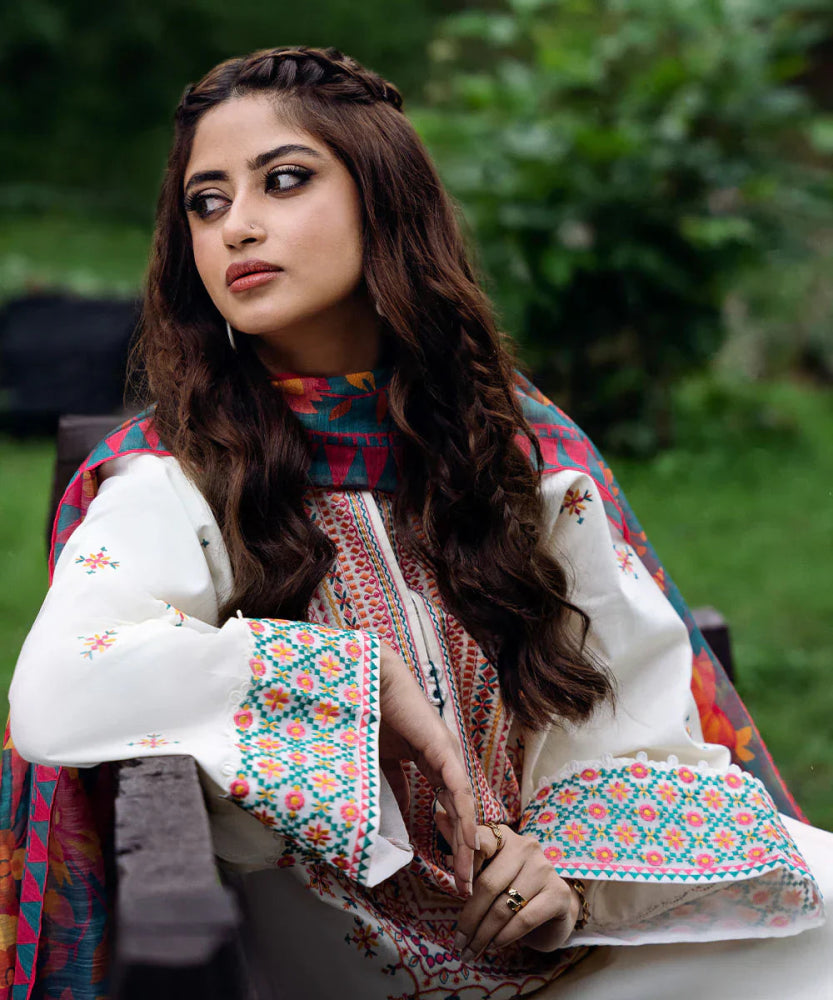 Dhanak 3PC Embroidered With Printed Wool Shawl - 255 - Sapphire Studios