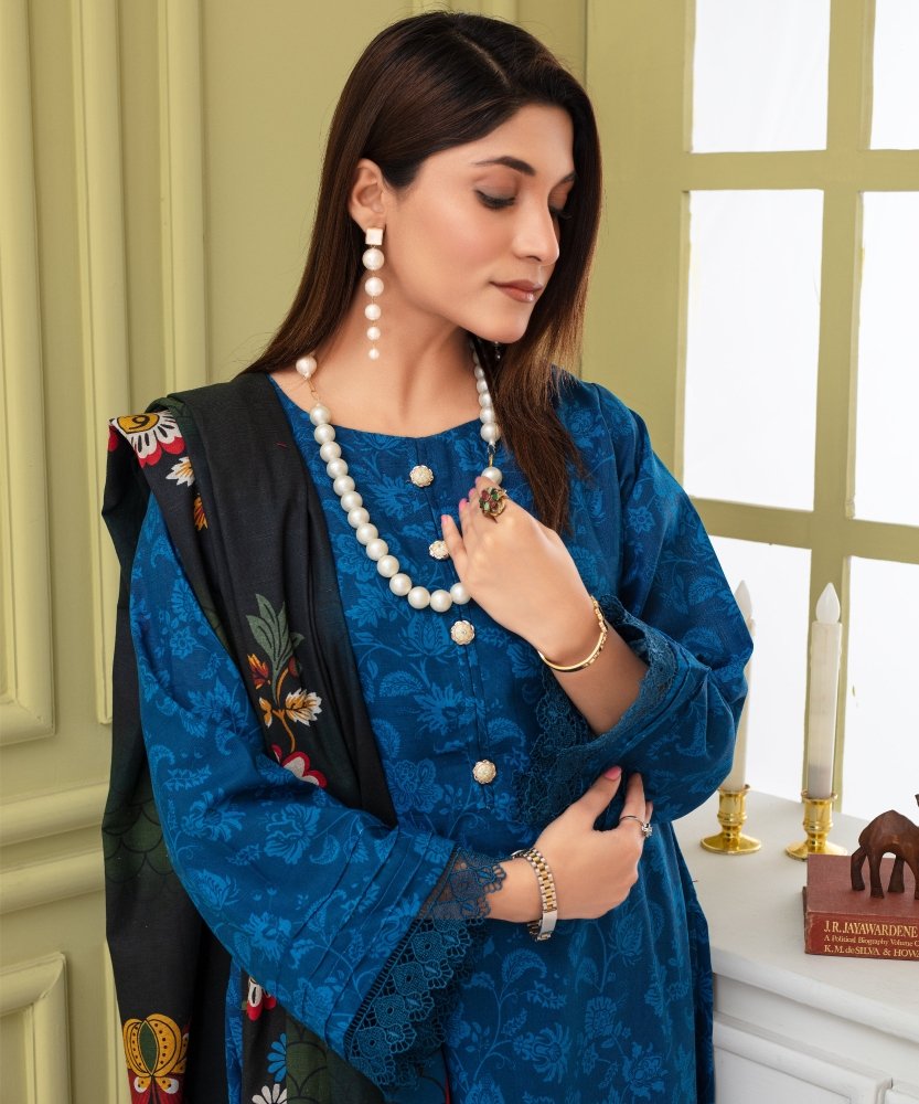 KHADDAR 3PC WITH KHADDAR PRINTED SHIRT & TROUSER - 909 - Sapphire Studios