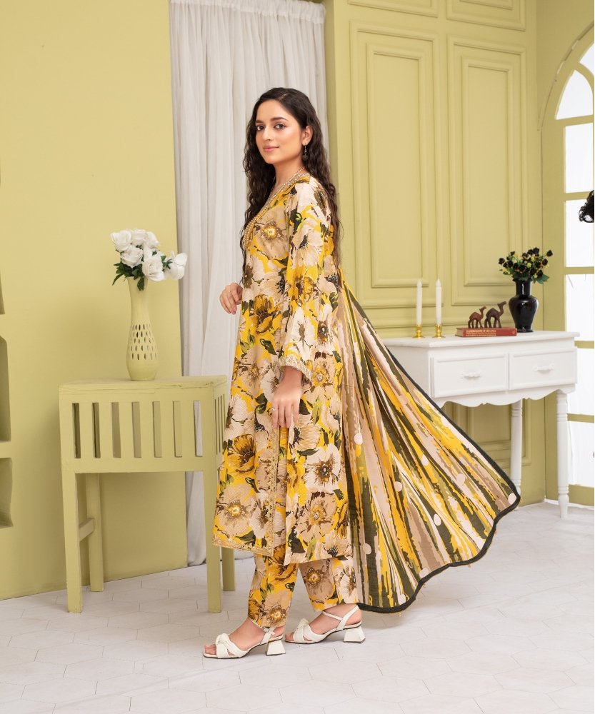 KHADDAR 3PC WITH KHADDAR PRINTED SHIRT & TROUSER - 910 - Sapphire Studios