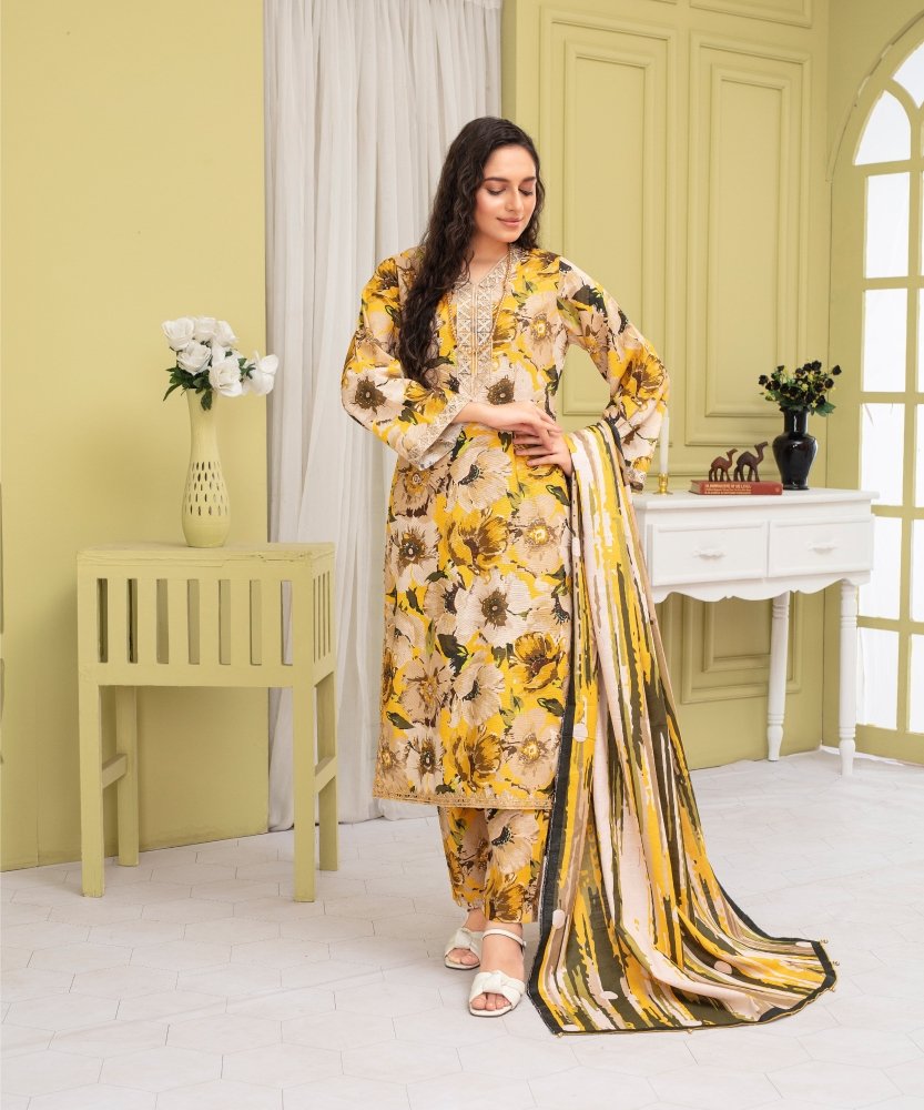 KHADDAR 3PC WITH KHADDAR PRINTED SHIRT & TROUSER - 910 - Sapphire Studios