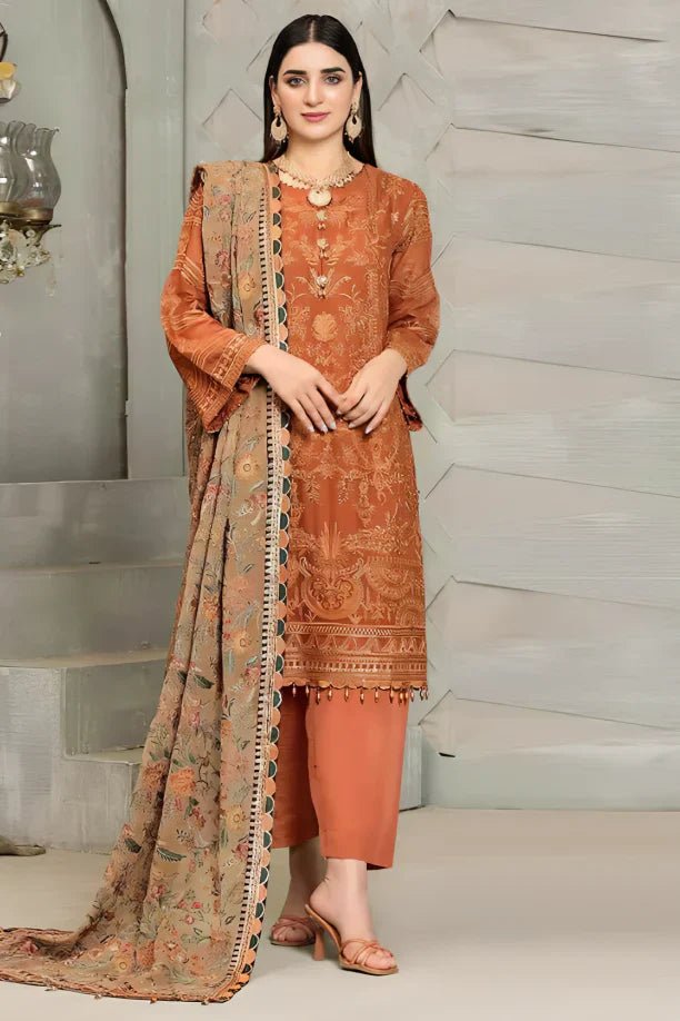 Linen 3PC Embroidered With Chiffon Embroidered Dupatta - 672 - Sapphire Studios