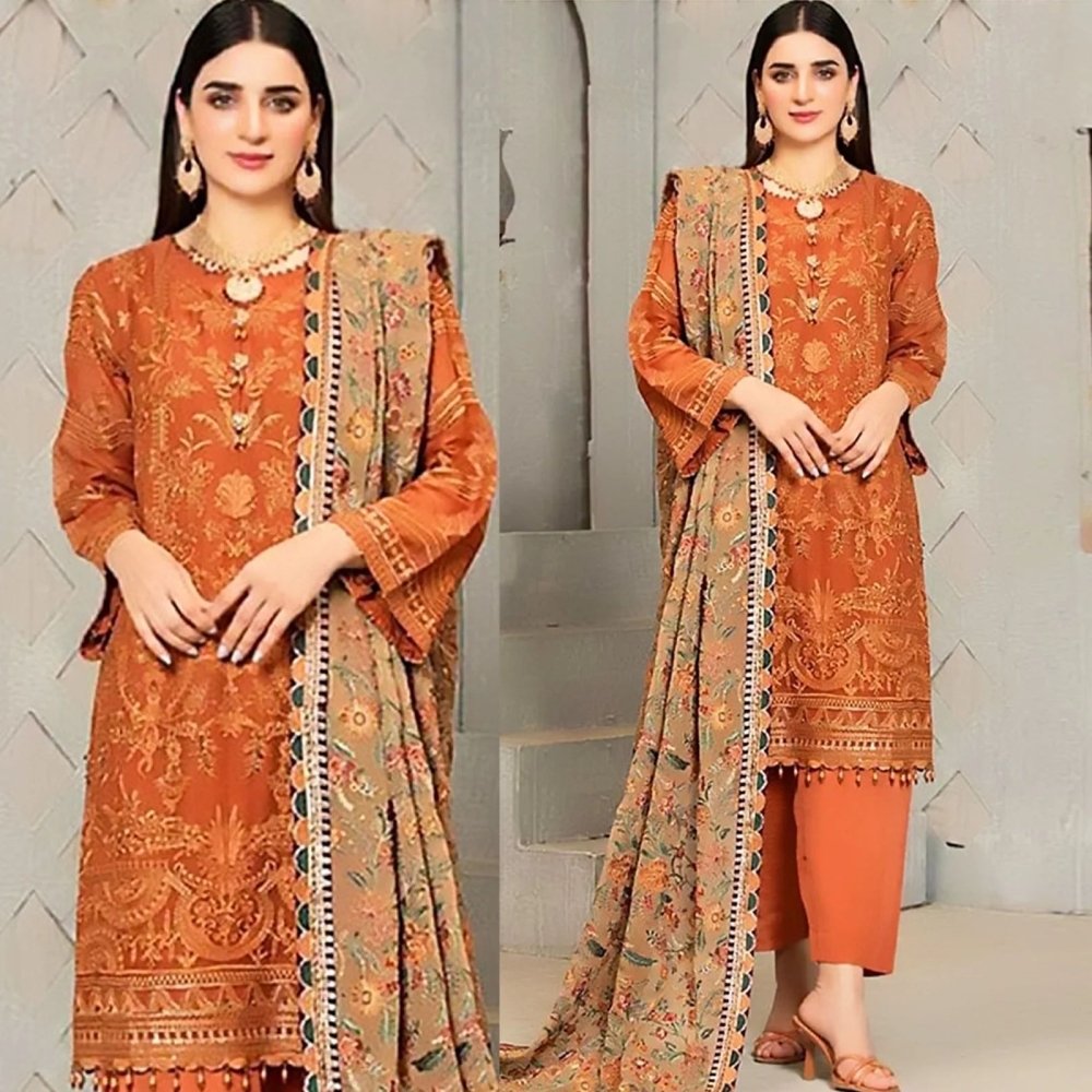 Linen 3PC Embroidered With Chiffon Embroidered Dupatta - 672 - Sapphire Studios