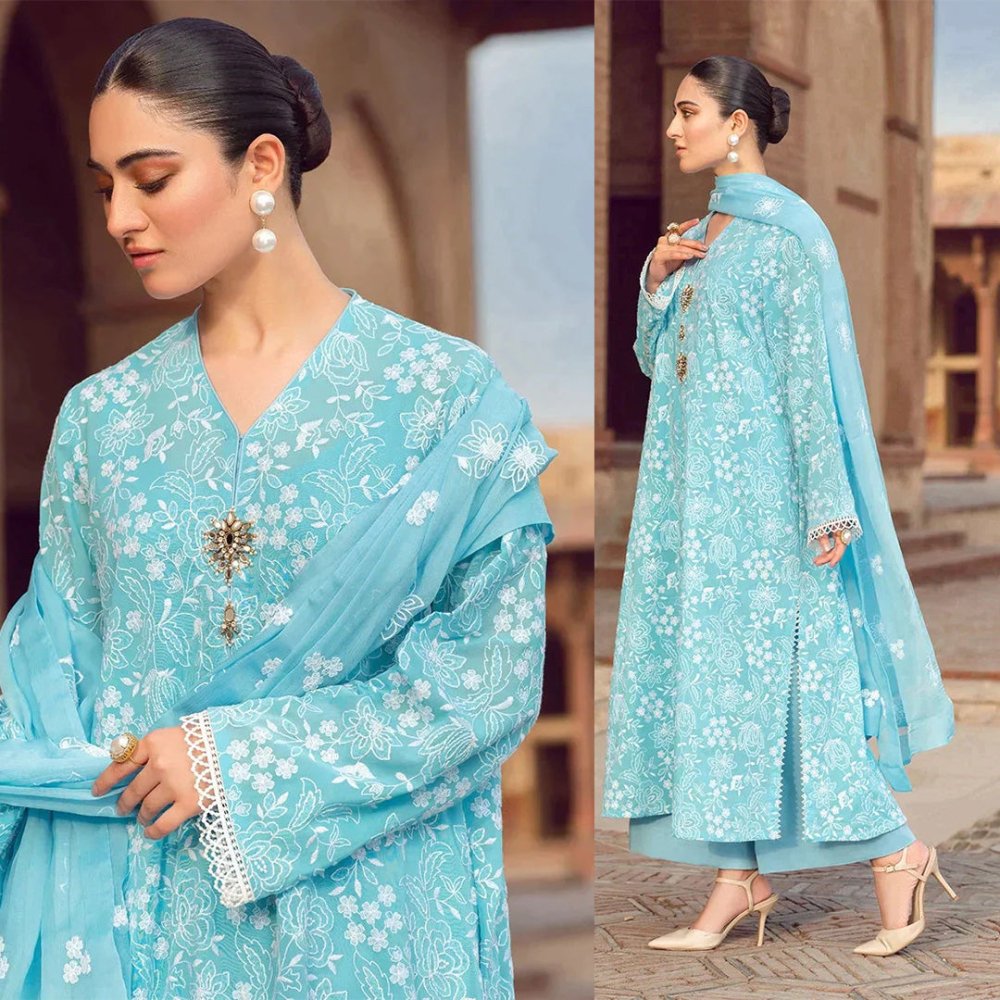 Linen 3PC Embroidered With Chiffon Embroidered Dupatta - 674 - Sapphire Studios