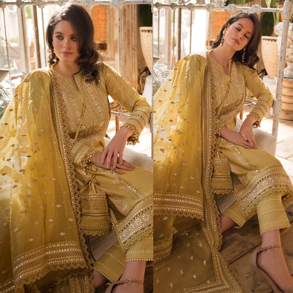 Linen 3PC Embroidered with Organza Sequins Embroidered Dupatta - 583 - Sapphire Studios