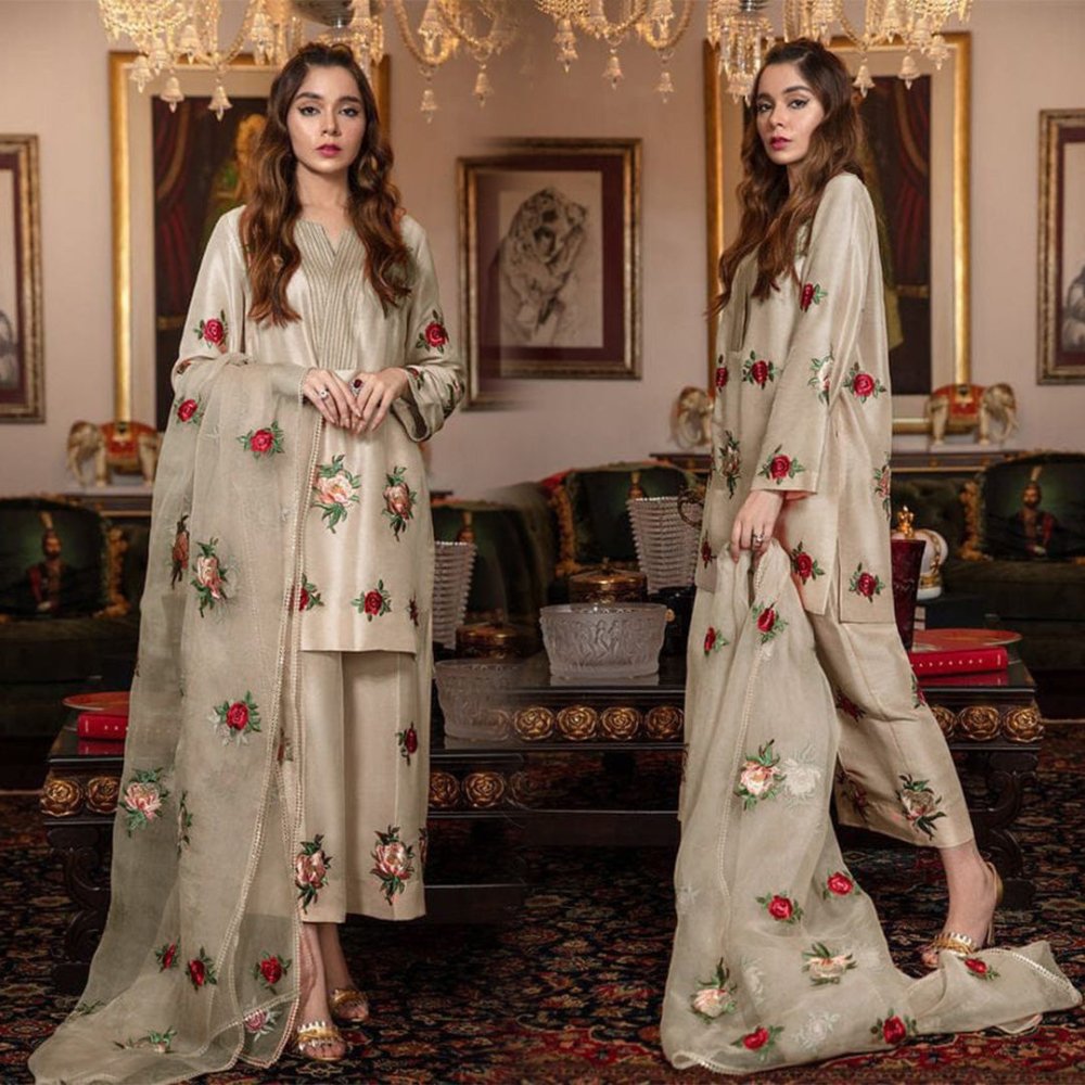 Silk 3PC Embroidered With Organza Embroidered Dupatta - 1316 - Sapphire Studios