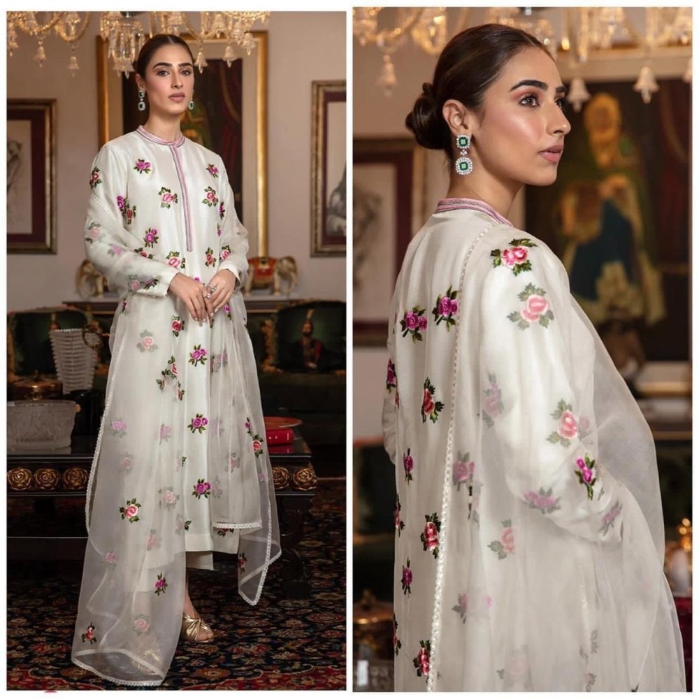 Silk 3PC Embroidered With Organza Embroidered Dupatta - 1317 - Sapphire Studios