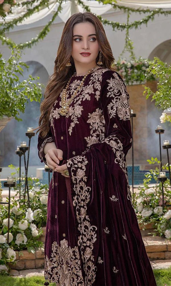 Velvet - 3pc Embroidered with Velvet Embroidered Dupatta - 955 - Sapphire Studios