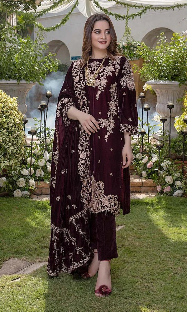 Velvet - 3pc Embroidered with Velvet Embroidered Dupatta - 955 - Sapphire Studios