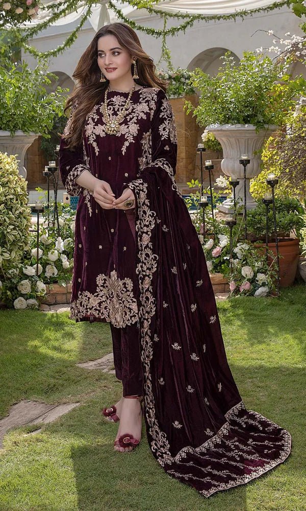 Velvet - 3pc Embroidered with Velvet Embroidered Dupatta - 955 - Sapphire Studios