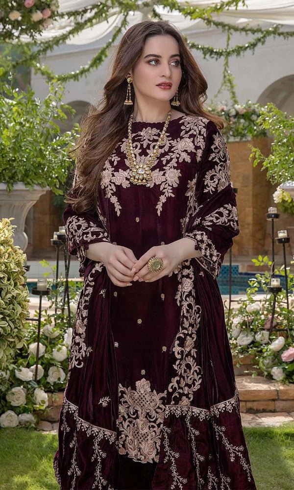 Velvet - 3pc Embroidered with Velvet Embroidered Dupatta - 955 - Sapphire Studios
